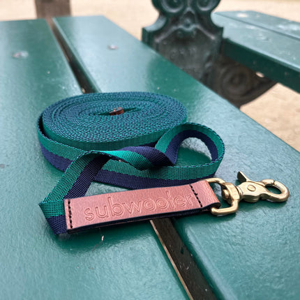 green-and-navy-blue-stripe-training-line-with-brown-leather-trim-on-a-park-bench-in-Paris