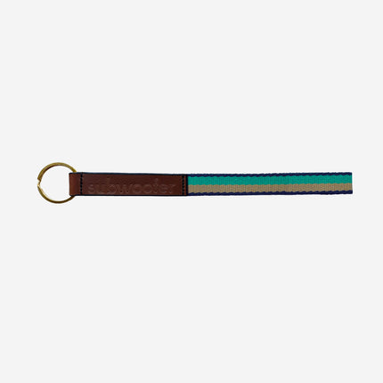 subwooferdog-key-ring-with-brass-split-ring-emerald-and-sand-striped-webbing