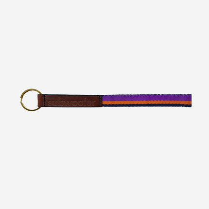 subwooferdog-key-ring-with-brown-stamped-leather-and-purple-and-orange-striped-webbing