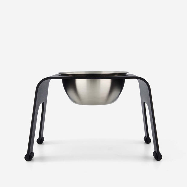 subwooferdog-profile-view-of-black-elevated-pet-stand-and-stainless-steel-bowl