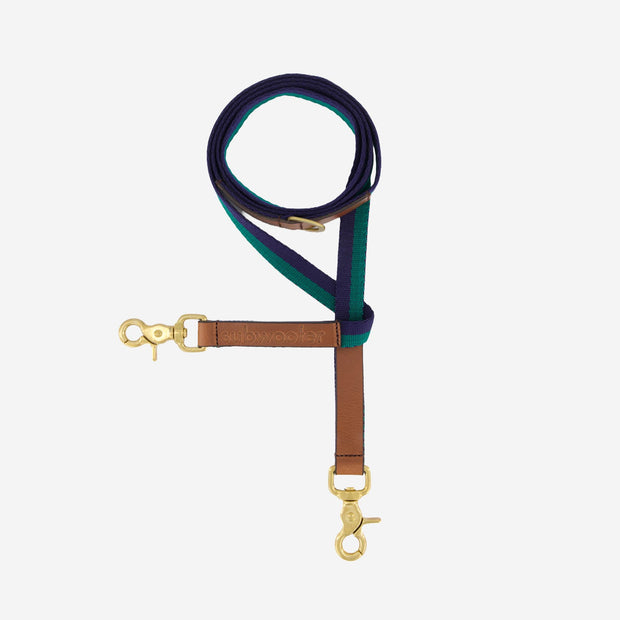 subwooferdog-clearcut-view-from-above-of-forest-navy-striped-leash-with-brown-stamped-leather-handle-and brass-hardware