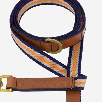 subwooferdog-zoom-in-of-navy-orange-and-silver-striped-leash-with-tan-leather-trim